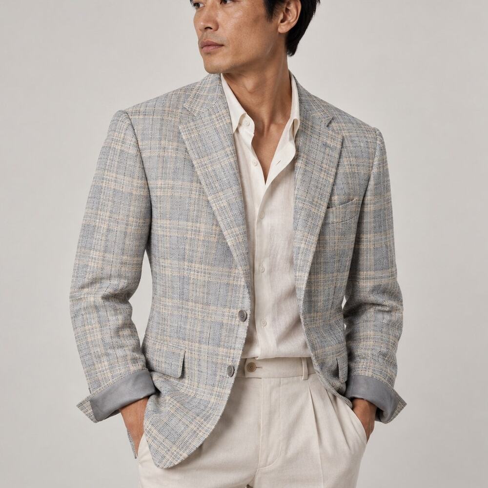 Canali Men's Silk Wool Blazer Sport Jacket Gray Plaid Turnback cuff Italy Made